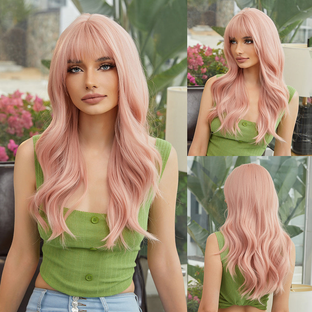 MAGGIE【WA-LAIC8112-1】24inches Pink Wig Natural Body Wave with Bangs Synthetic Heat-resistance Daily or Party