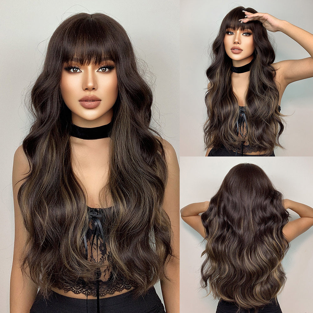CHLOE【WA-LAIC1029-1】26inches Black Brown Wig Natural Body Wave with Bangs Synthetic Heat-resistance Daily or Party