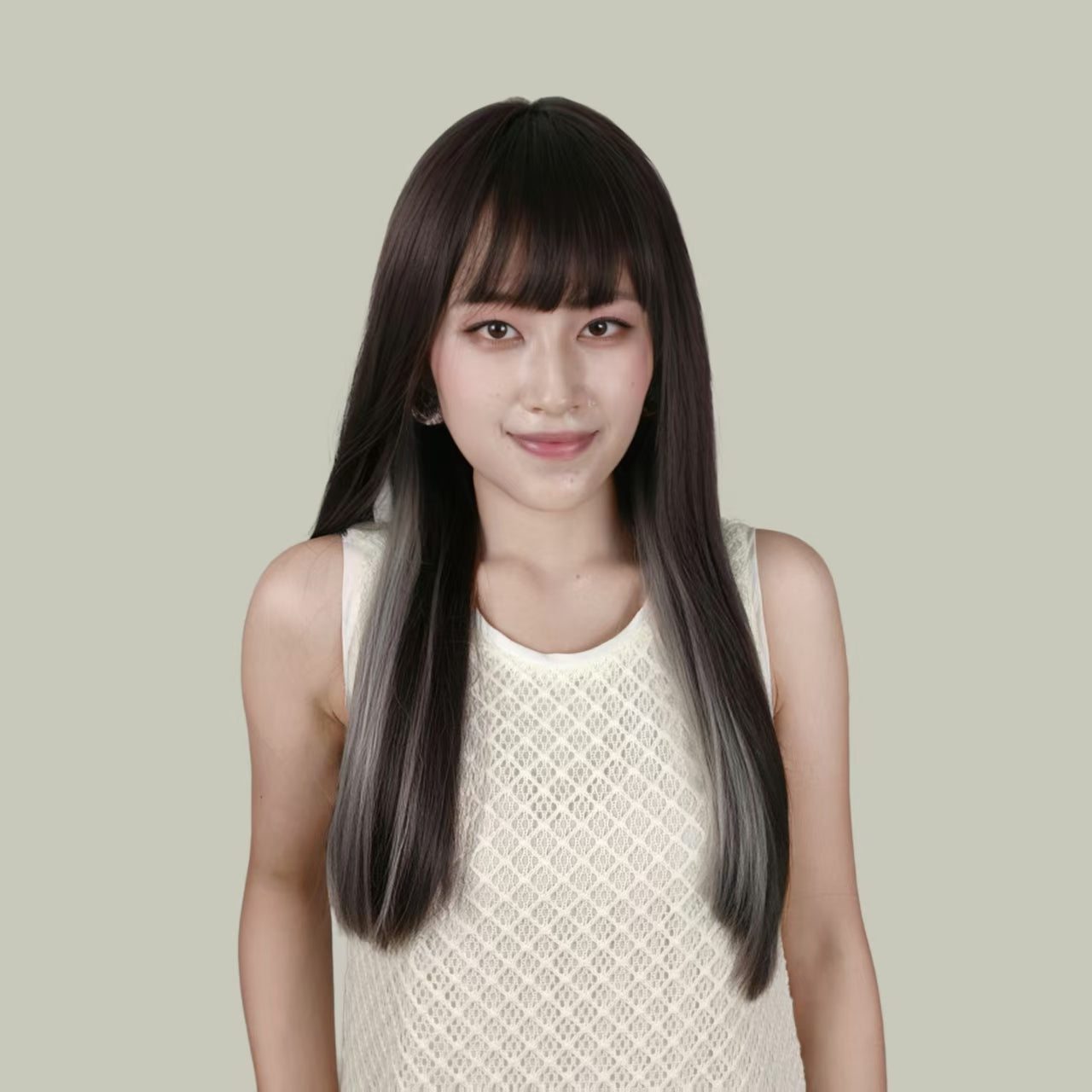 SYLVIA【V-013-A09】Dark Tea Brown with White Tea Gray Highlights Layered Long Curly Hair Convertible Bangs 65CM High-temperature Fiber Sweet and Cute Wig for Women Daily & Lovely