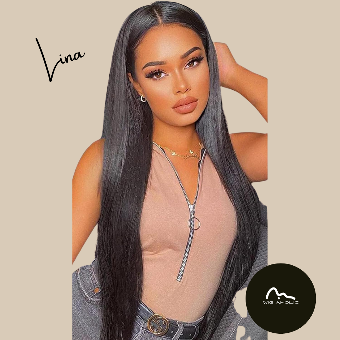 LINA【WA-JLSM9883】 28 inches Lace Front T-Part Jet Black Bone Straight Wig for Women Synthetic Daily or Party