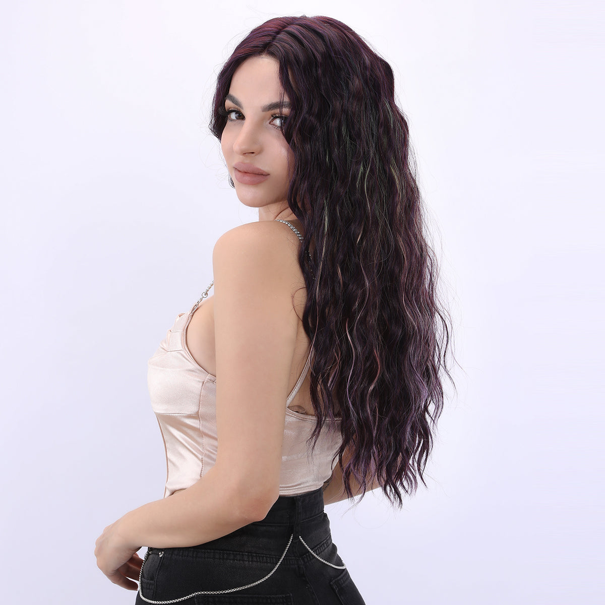GEORGINA【WA-JLSM9105】 26 inches Lace Front Dark Purple Curly Rainbow Highlight Wig for Women Highlight Synthetic Glueless for Party