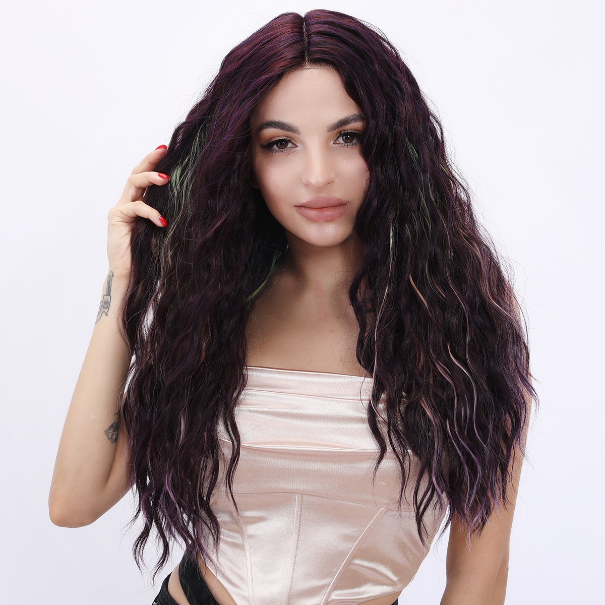 GEORGINA【WA-JLSM9105】 26 inches Lace Front Dark Purple Curly Rainbow Highlight Wig for Women Highlight Synthetic Glueless for Party