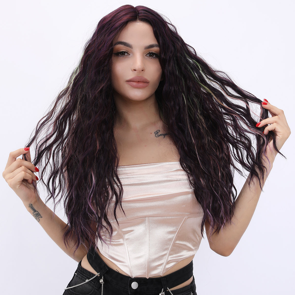 GEORGINA【WA-JLSM9105】 26 inches Lace Front Dark Purple Curly Rainbow Highlight Wig for Women Highlight Synthetic Glueless for Party