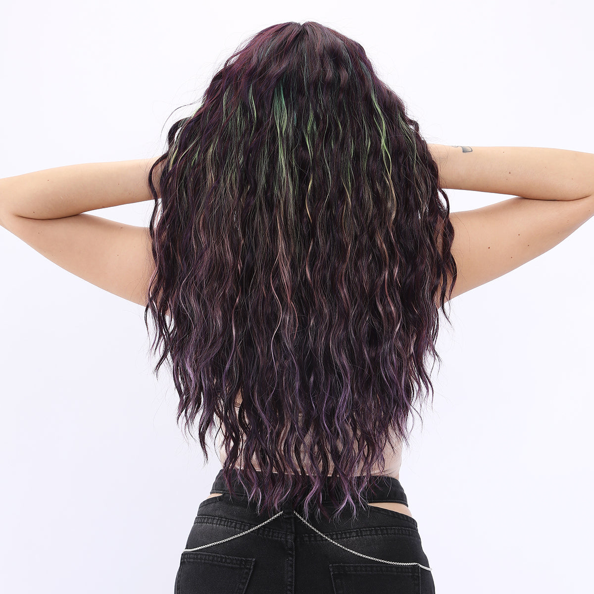 GEORGINA【WA-JLSM9105】 26 inches Lace Front Dark Purple Curly Rainbow Highlight Wig for Women Highlight Synthetic Glueless for Party