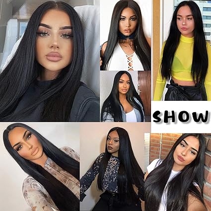 LINA【WA-JLSM9883】 28 inches Lace Front T-Part Jet Black Bone Straight Wig for Women Synthetic Daily or Party