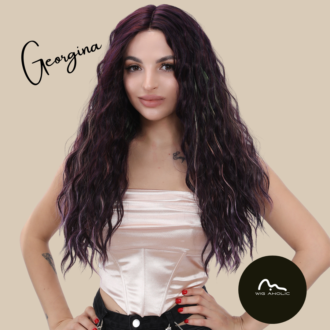 GEORGINA【WA-JLSM9105】 26 inches Lace Front Dark Purple Curly Rainbow Highlight Wig for Women Highlight Synthetic Glueless for Party