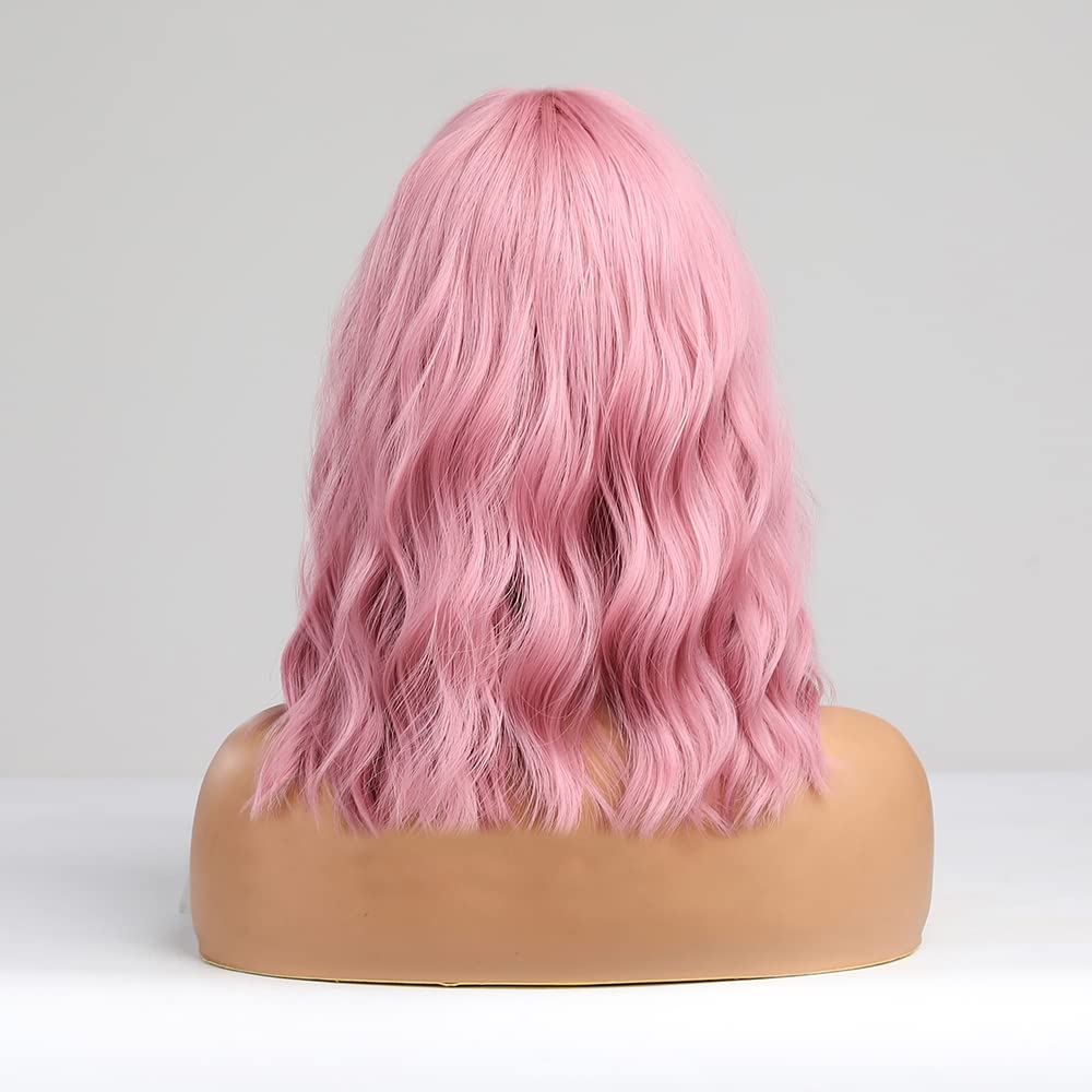 ELLA【WA-WATER007】14 Inches Pink Wig with Air Bangs, Short Pastel Curly Wavy Heat Resistant Synthetic Women's Bob Wig,Cosplay Party Shoulder Length Wigs for Girls,Daily Use Natural Looking Curly Colored Wig