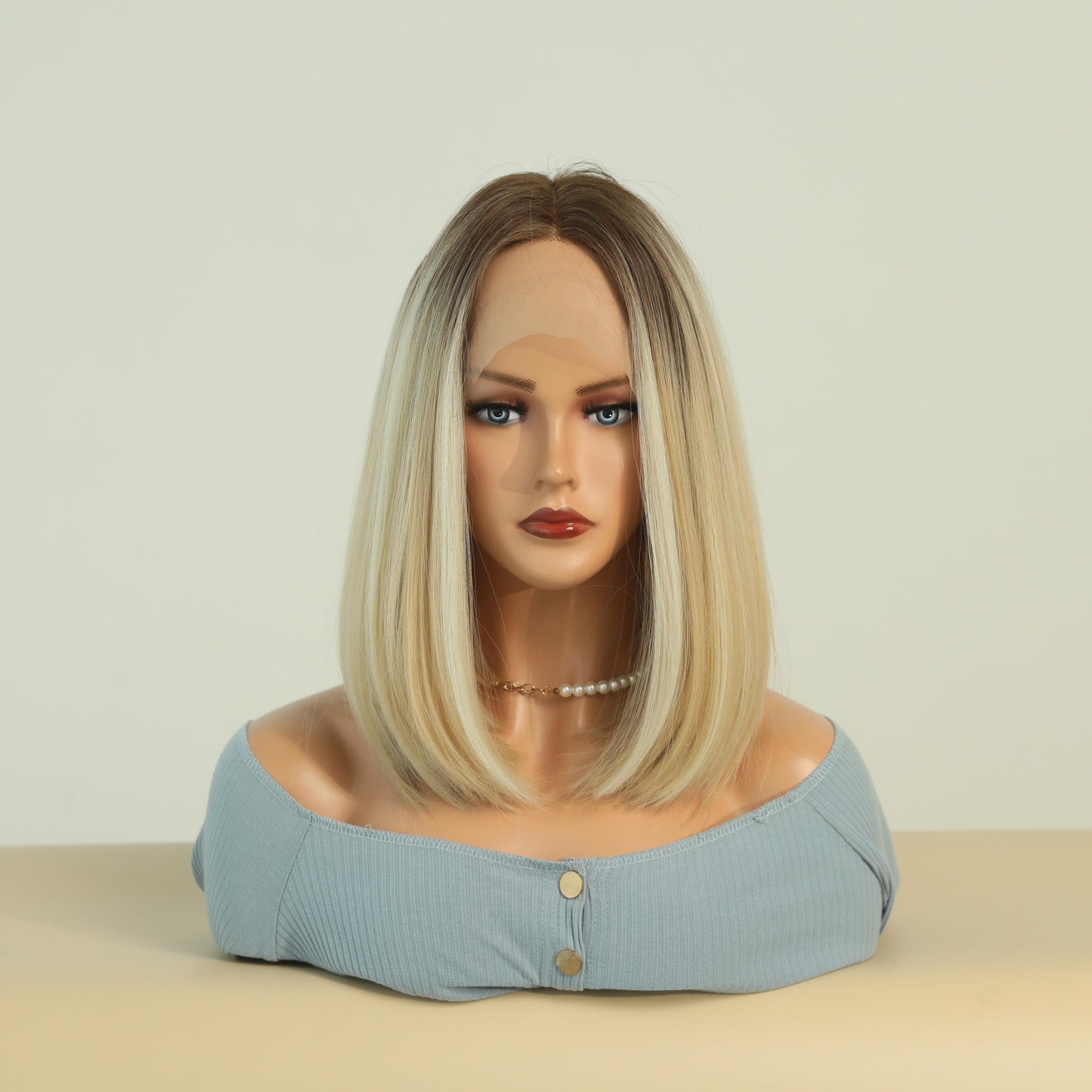 SANDRA【WA-XY5043】15inches Short Bob Wigs Black Blonde Highlight Streaks Highlights Wig Middle Part Straight T Lace Front Wig