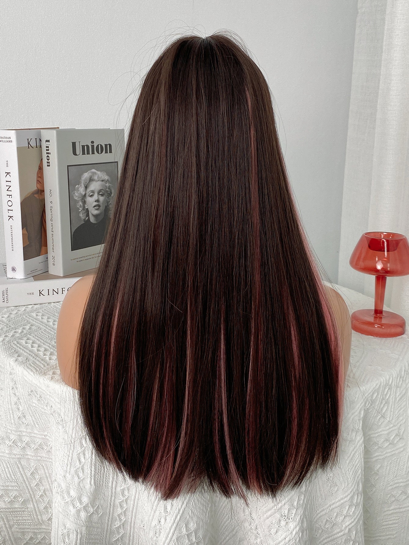 LEAH【WA-XYMW8268-4】 24" Straight Black Pink Highlight Color Wigs for Women, Trendy Wig Synthetic for Daily Use or Party