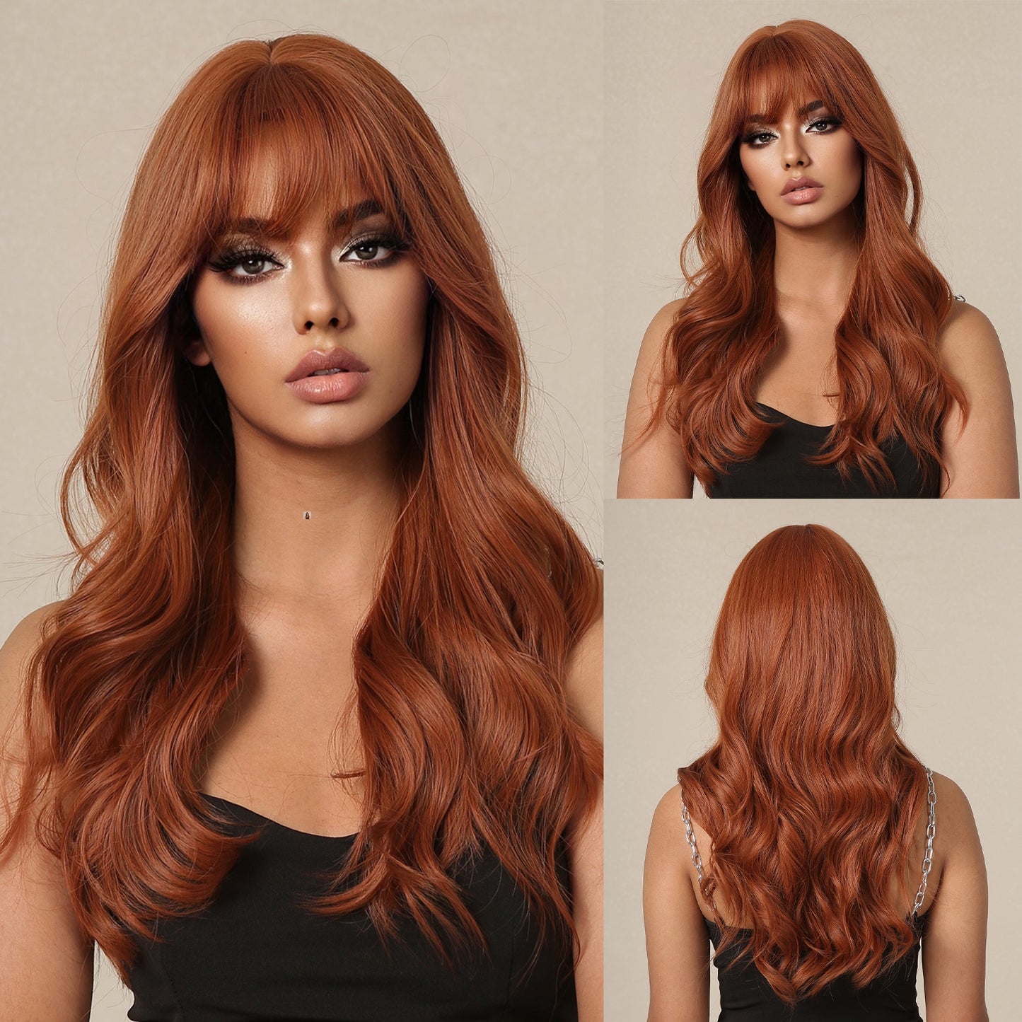 BESS【WA-LAIC034】24inches Ginger Wig  Natural Body Wave with Bangs Synthetic Heat-resistance Daily or Party