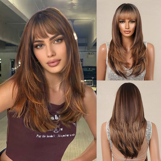 MILLER【WA-LAIC2127-2】  Hot Sale Amber Brown Layer Wig with Bangs 22 inch Synthetic Trending for Women Daily or Party