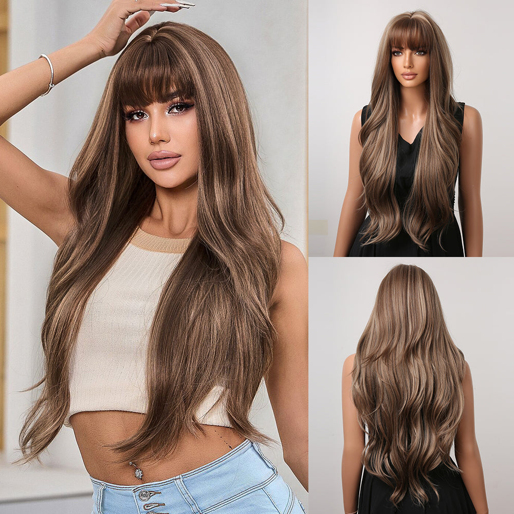 SCARLETT【WA-LAIC1026-1】28inches Ombre Brown Wig  Natural Body Wave with Bangs Synthetic Heat-resistance Daily or Party