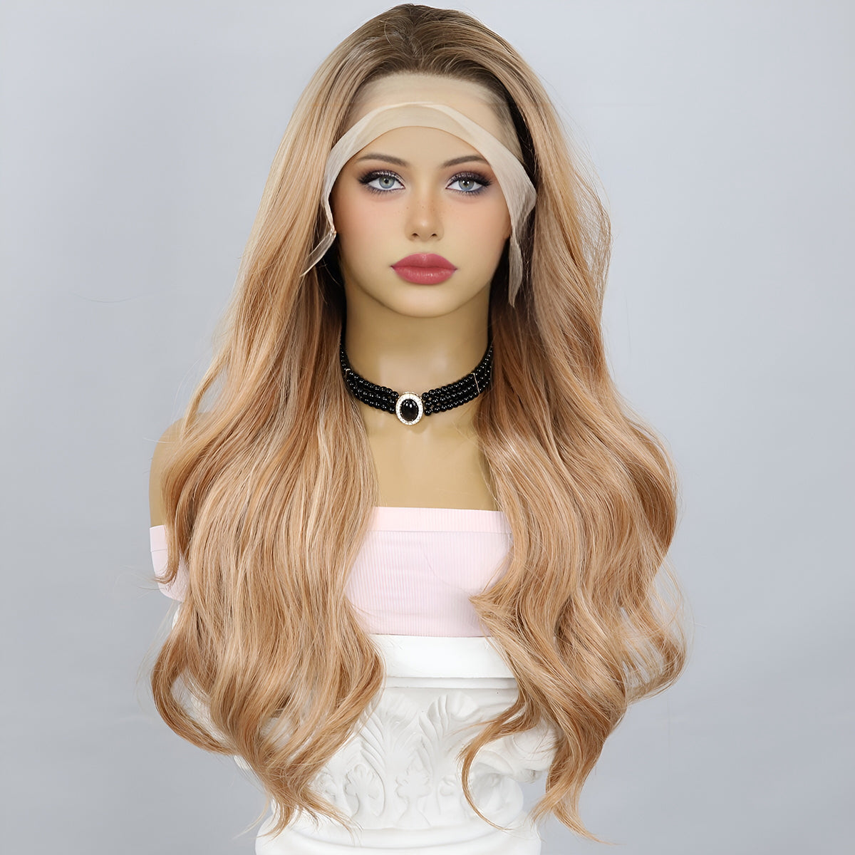 LAVERNE 【WA-SM9712】  Apricot  Blonde with  Highlight Wavy Wig 26 inches Synthetic Lace Frontal Free Parting Daily or Party