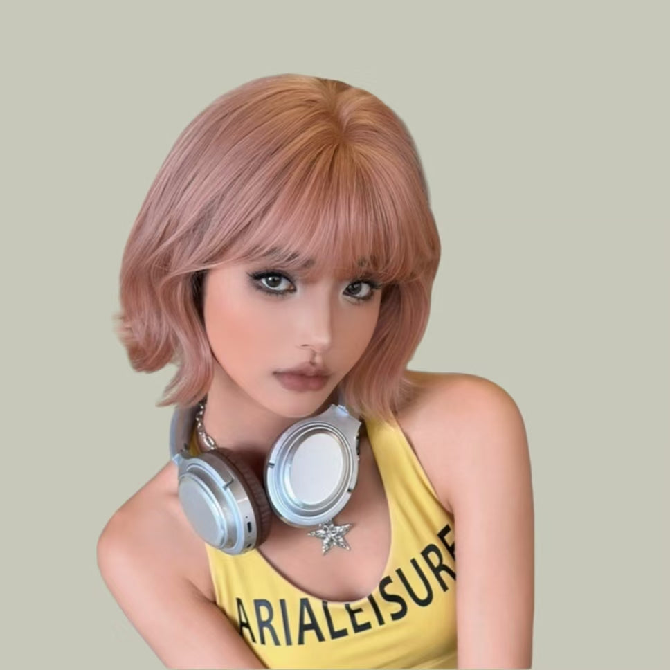 MIA【V-005-D-176】 Orange-Pink Layered Short Curly Hair Convertible Bangs 29CM High-temperature Fiber Non-mainstream Style Wig for Women Daily & Trendy