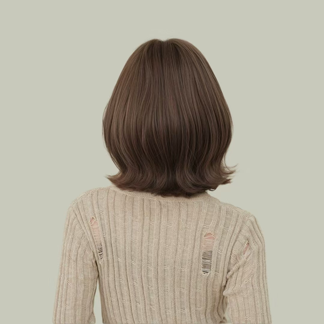 AMARA 【V-001-D-171】Brown Short Hair with Turned-Out Ends Convertible Bangs 35CM High-Temperature Matte Fiber Fashion Wig for Women Daily & Casual