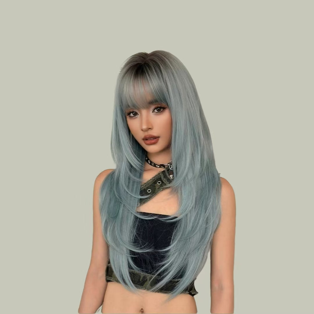 NORA【V-009-C-0495】 Mint Blue-Green (Top Color) Long Straight Hair Convertible Bangs 75CM High-temperature Fiber Celebrity Fashion Wig for Women Daily & Stylish