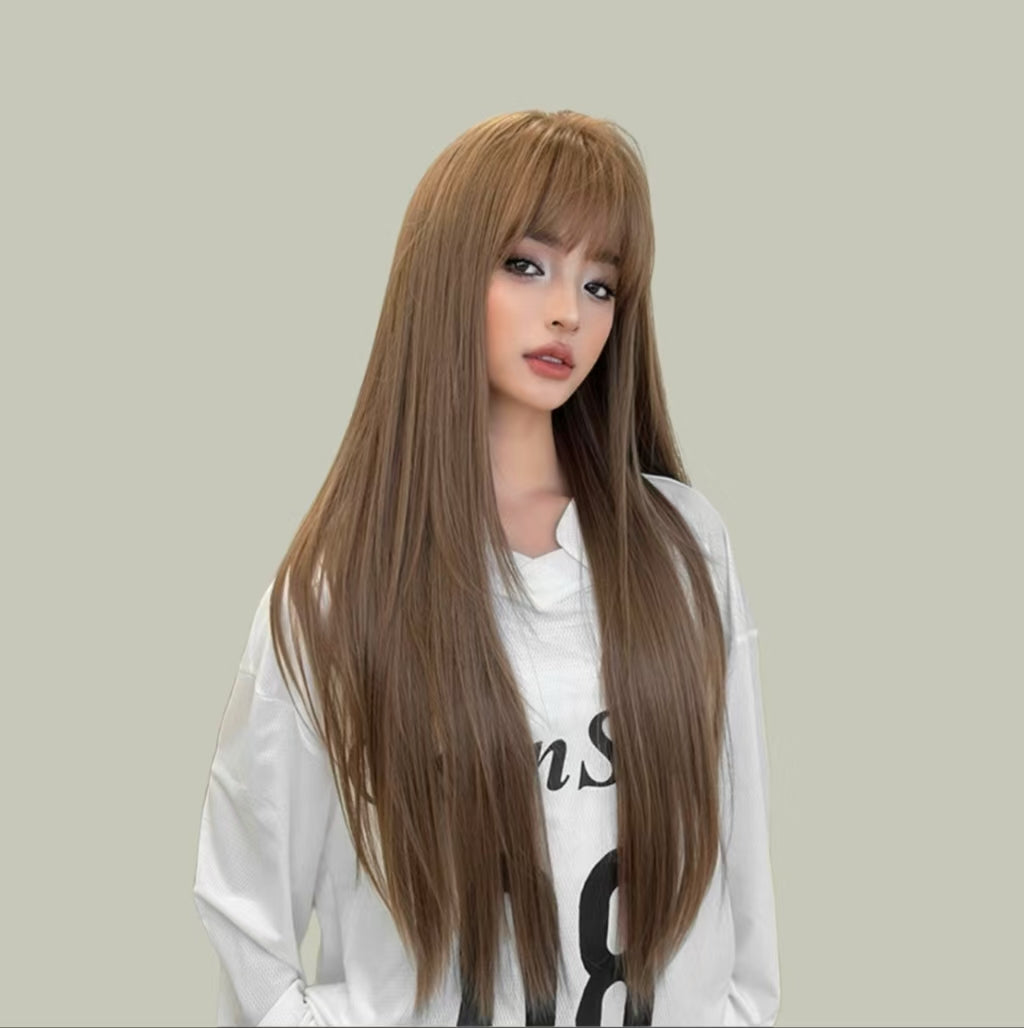ELSA【V-004-C0461-3】 Caramel Warm Brown High-Layered Long Straight Hair Convertible Bangs 85CM High-temperature Fiber Korean Style Wig for Women Daily & Elegant