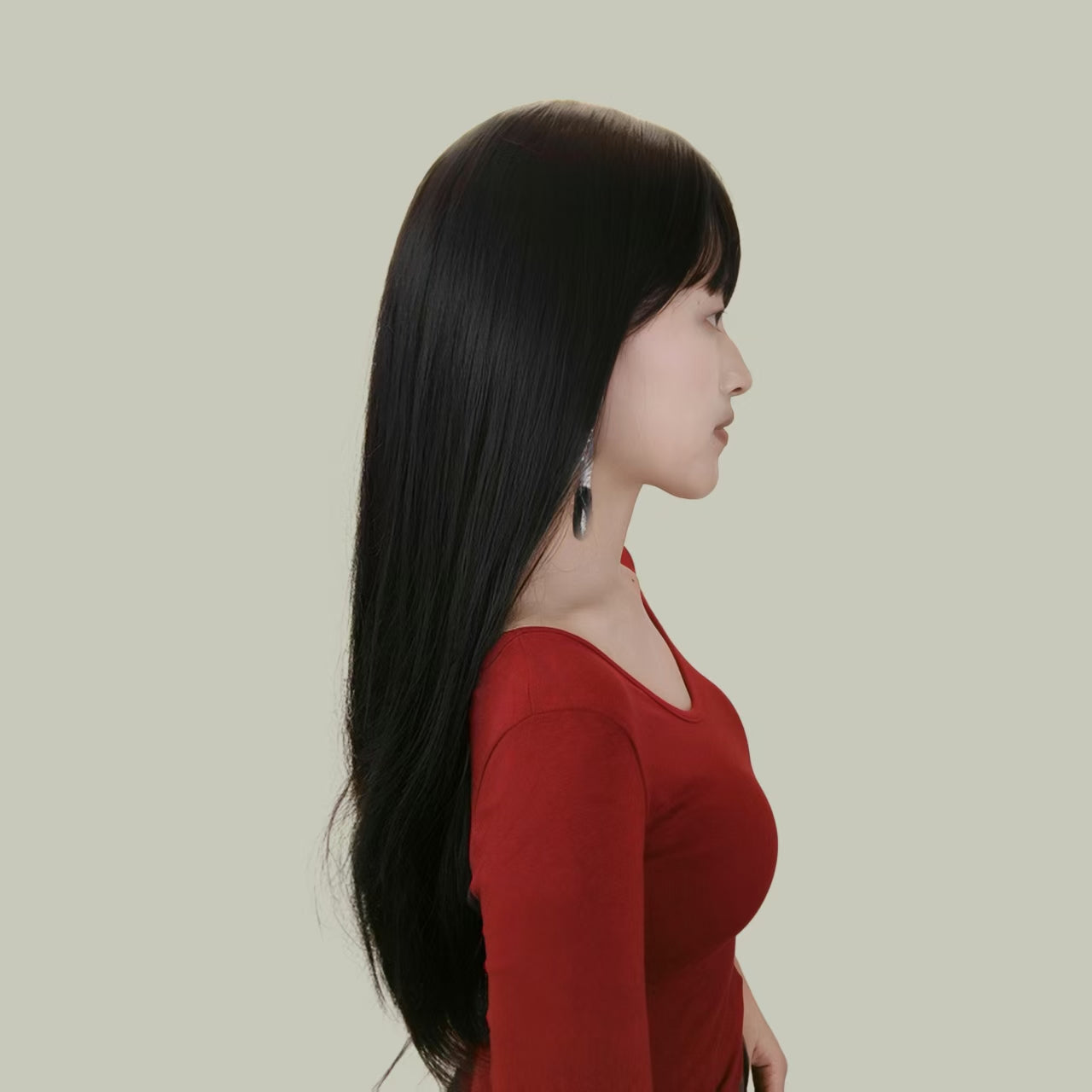 LINA【V-012-002】Black Long Straight Hair Straight Bangs Fully Hand-Woven High-temperature Fiber Wig for Women Daily & Elegant