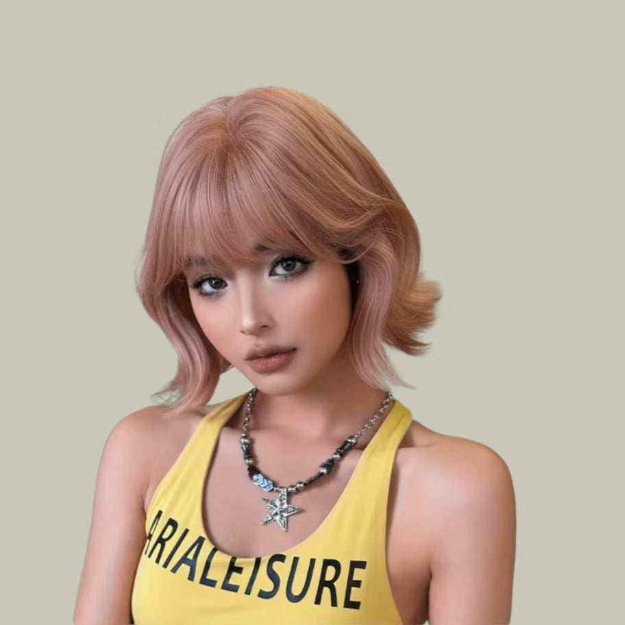 MIA【V-005-D-176】 Orange-Pink Layered Short Curly Hair Convertible Bangs 29CM High-temperature Fiber Non-mainstream Style Wig for Women Daily & Trendy