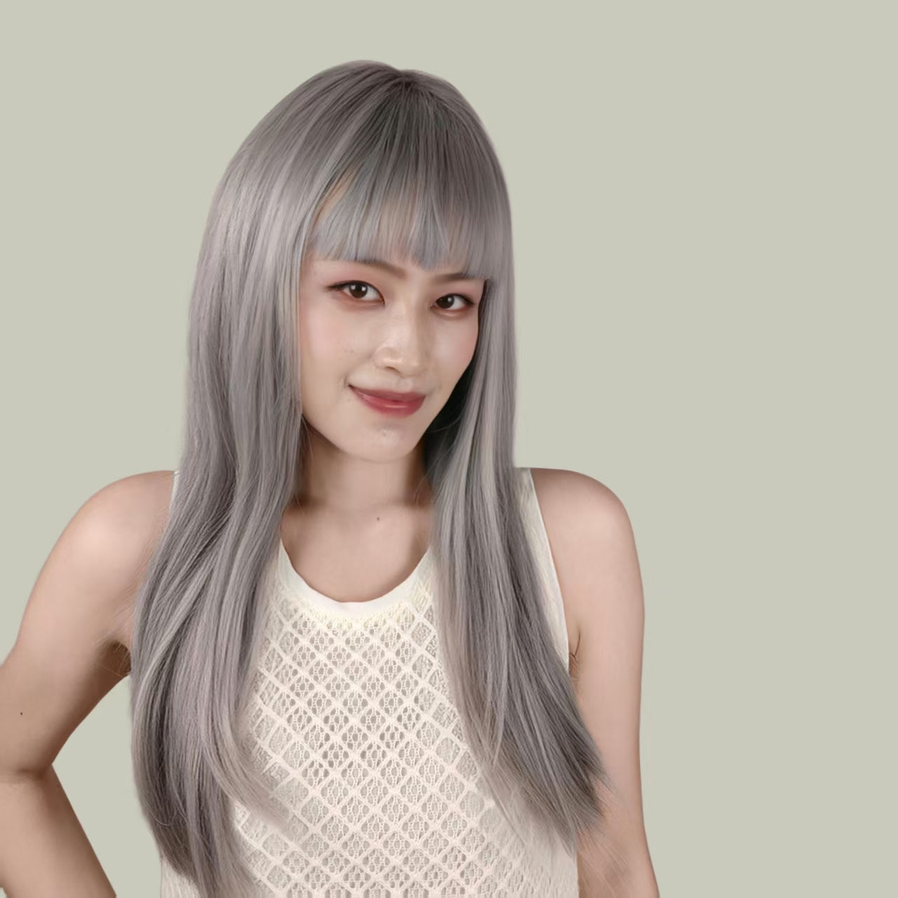 CORA【V-011-002】Internet-Famous Gray Classic Long Straight Hair Straight Bangs Tanglong Matte Voluminous High-temperature Fiber Wig for Women Daily & Elegant