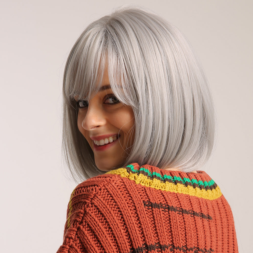 COCO【WA-SS180-2】12inches Short Straight Bob Wigs for Women Synthetic Wig Silver with Bangs for Cosplay Daily Party