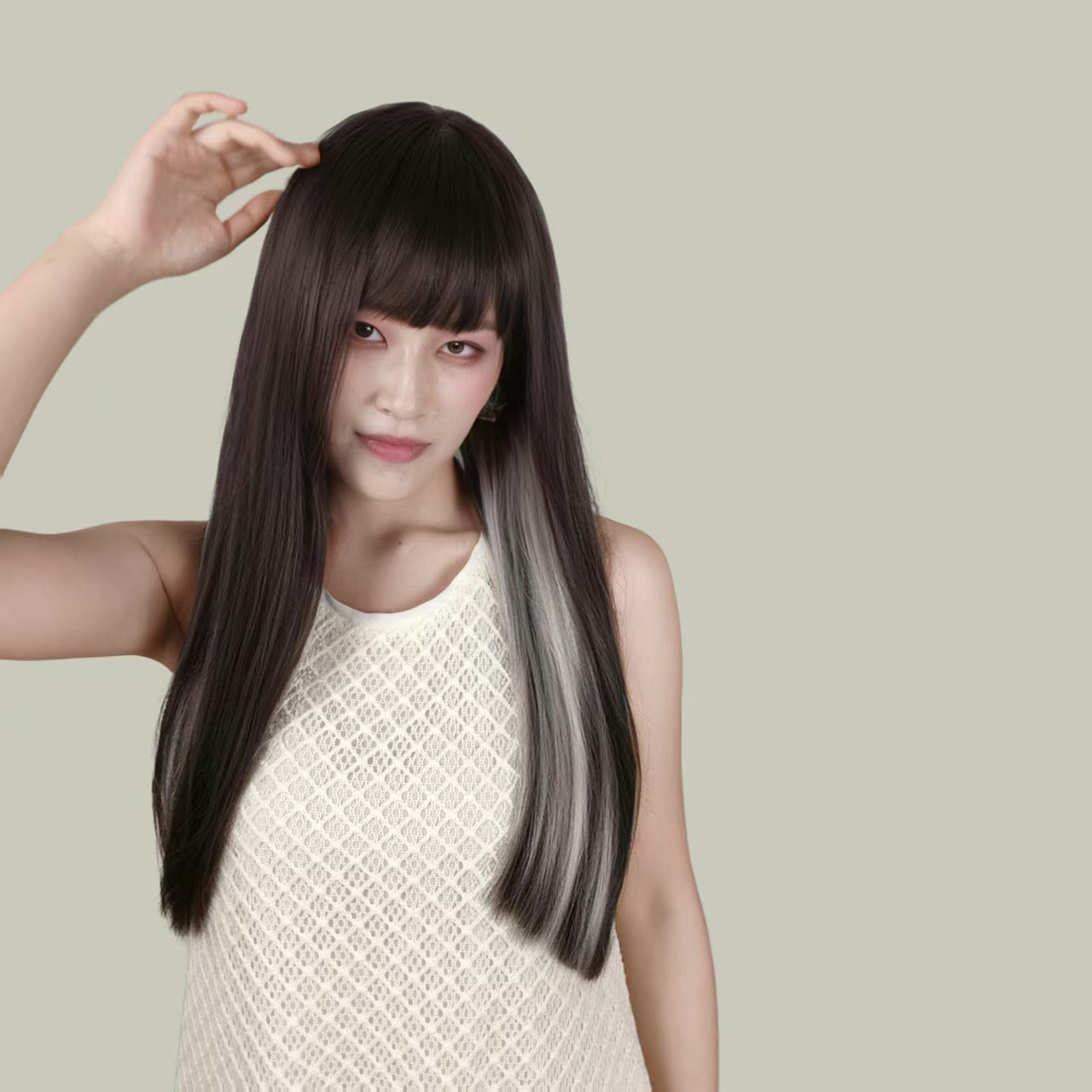 SYLVIA【V-013-A09】Dark Tea Brown with White Tea Gray Highlights Layered Long Curly Hair Convertible Bangs 65CM High-temperature Fiber Sweet and Cute Wig for Women Daily & Lovely