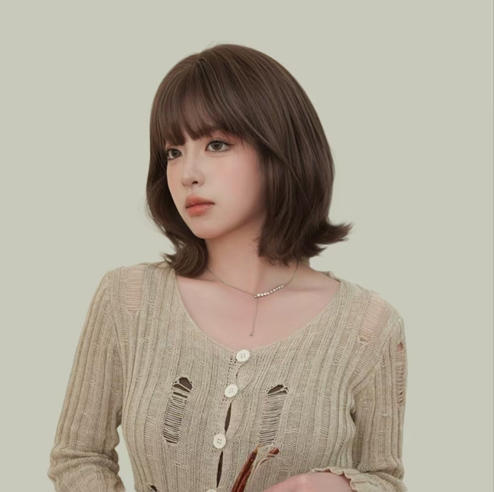 AMARA 【V-001-D-171】Brown Short Hair with Turned-Out Ends Convertible Bangs 35CM High-Temperature Matte Fiber Fashion Wig for Women Daily & Casual