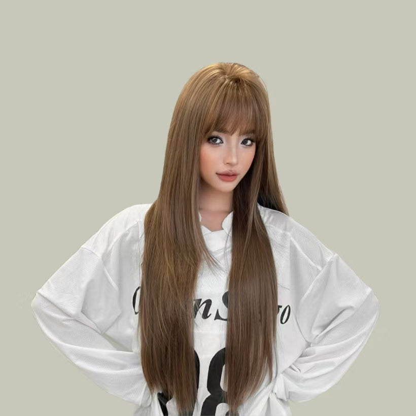 ELSA【V-004-C0461-3】 Caramel Warm Brown High-Layered Long Straight Hair Convertible Bangs 85CM High-temperature Fiber Korean Style Wig for Women Daily & Elegant
