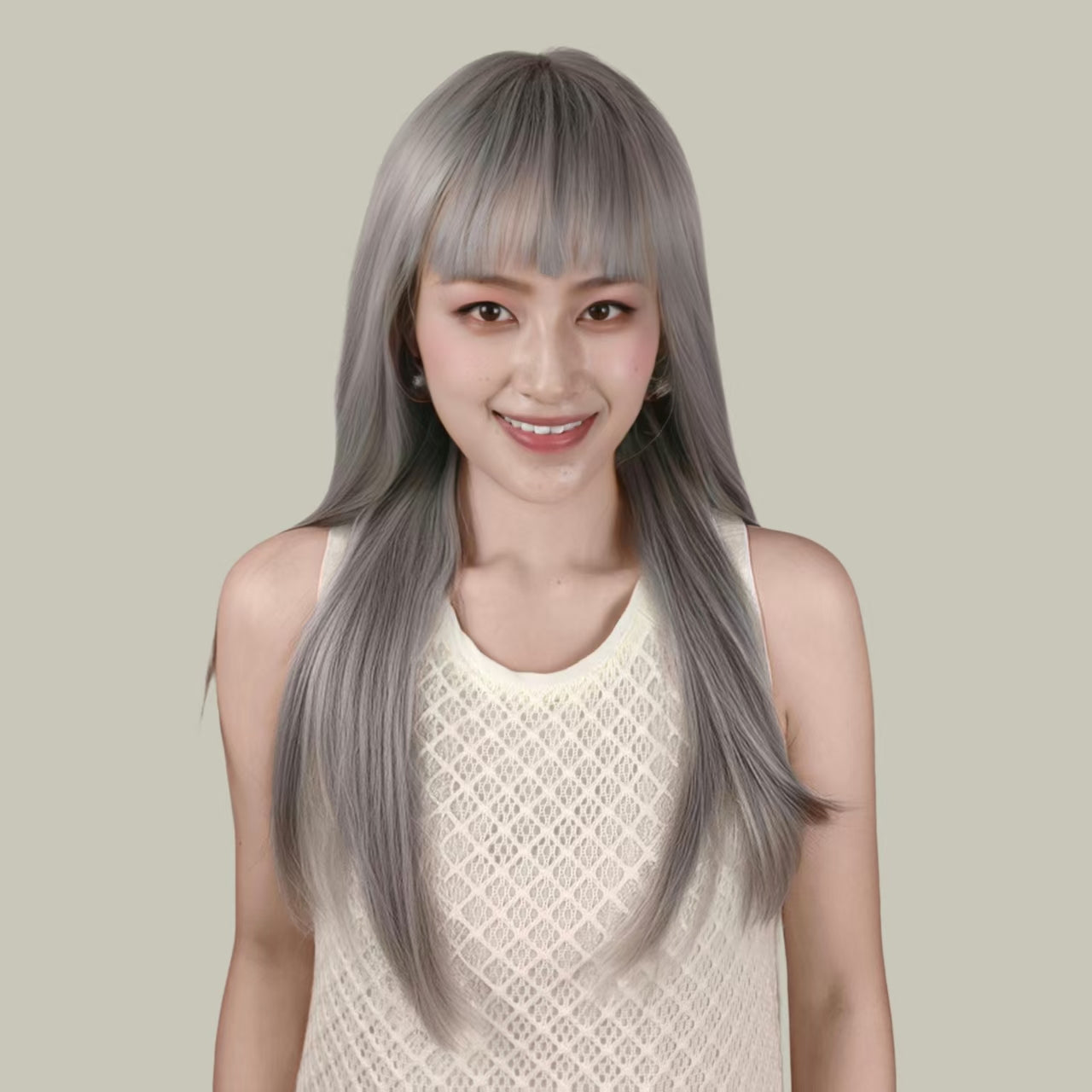 CORA【V-011-002】Internet-Famous Gray Classic Long Straight Hair Straight Bangs Tanglong Matte Voluminous High-temperature Fiber Wig for Women Daily & Elegant