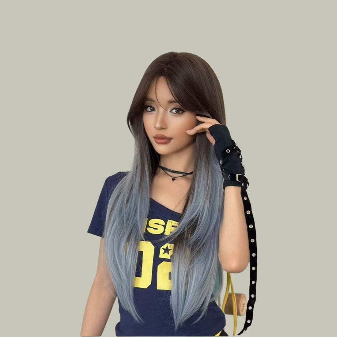 IVY【V-008-C-0493】Gradient Denim Blue Center-Parted Long Straight Hair 75CM High-temperature Fiber Celebrity Fashion Wig for Women Daily & Stylish