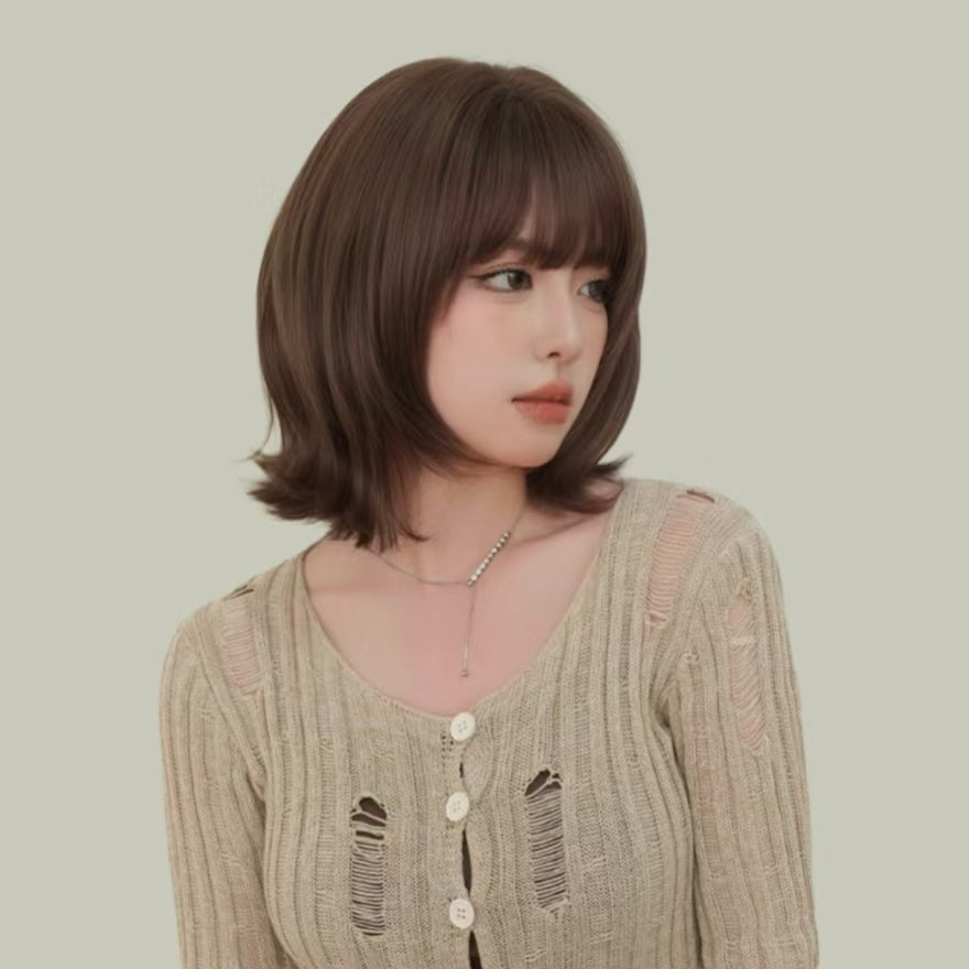AMARA 【V-001-D-171】Brown Short Hair with Turned-Out Ends Convertible Bangs 35CM High-Temperature Matte Fiber Fashion Wig for Women Daily & Casual