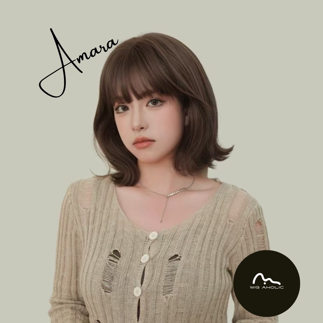 AMARA 【V-001-D-171】Brown Short Hair with Turned-Out Ends Convertible Bangs 35CM High-Temperature Matte Fiber Fashion Wig for Women Daily & Casual