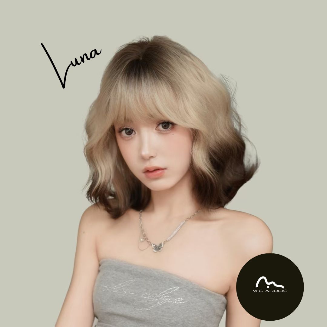 LUNA【V-003-D-116】White Coffee Two-tone Gradient Short Hair Convertible Bangs 35CM High-temperature Fiber Exotic Style Wig for Women Daily & Trendy