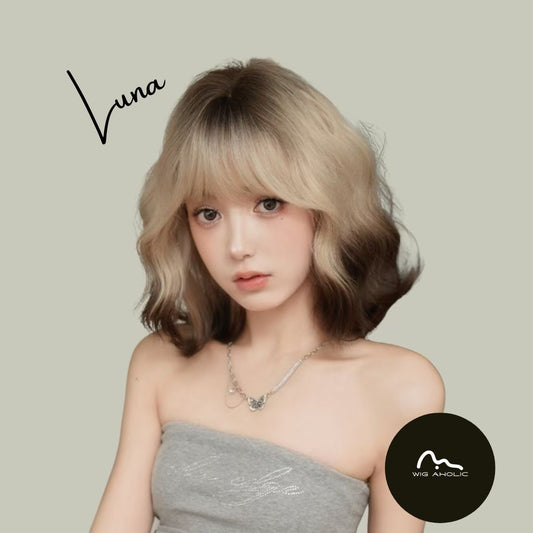 LUNA【V-003-D-116】White Coffee Two-tone Gradient Short Hair Convertible Bangs 35CM High-temperature Fiber Exotic Style Wig for Women Daily & Trendy