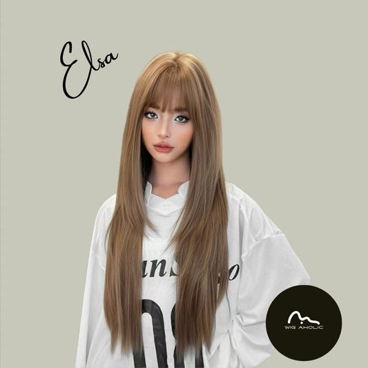 ELSA【V-004-C0461-3】 Caramel Warm Brown High-Layered Long Straight Hair Convertible Bangs 85CM High-temperature Fiber Korean Style Wig for Women Daily & Elegant