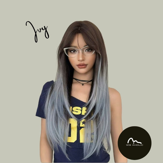 IVY【V-008-C-0493】Gradient Denim Blue Center-Parted Long Straight Hair 75CM High-temperature Fiber Celebrity Fashion Wig for Women Daily & Stylish