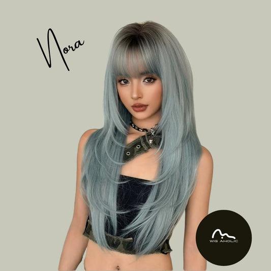 NORA【V-009-C-0495】 Mint Blue-Green (Top Color) Long Straight Hair Convertible Bangs 75CM High-temperature Fiber Celebrity Fashion Wig for Women Daily & Stylish