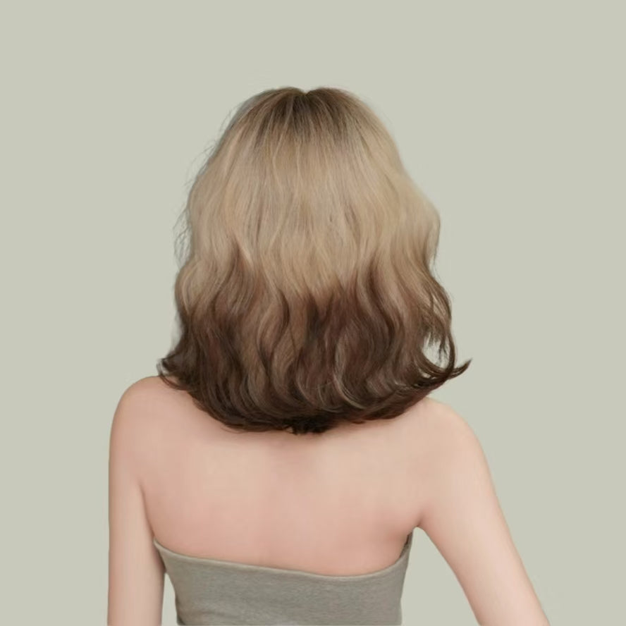LUNA【V-003-D-116】White Coffee Two-tone Gradient Short Hair Convertible Bangs 35CM High-temperature Fiber Exotic Style Wig for Women Daily & Trendy