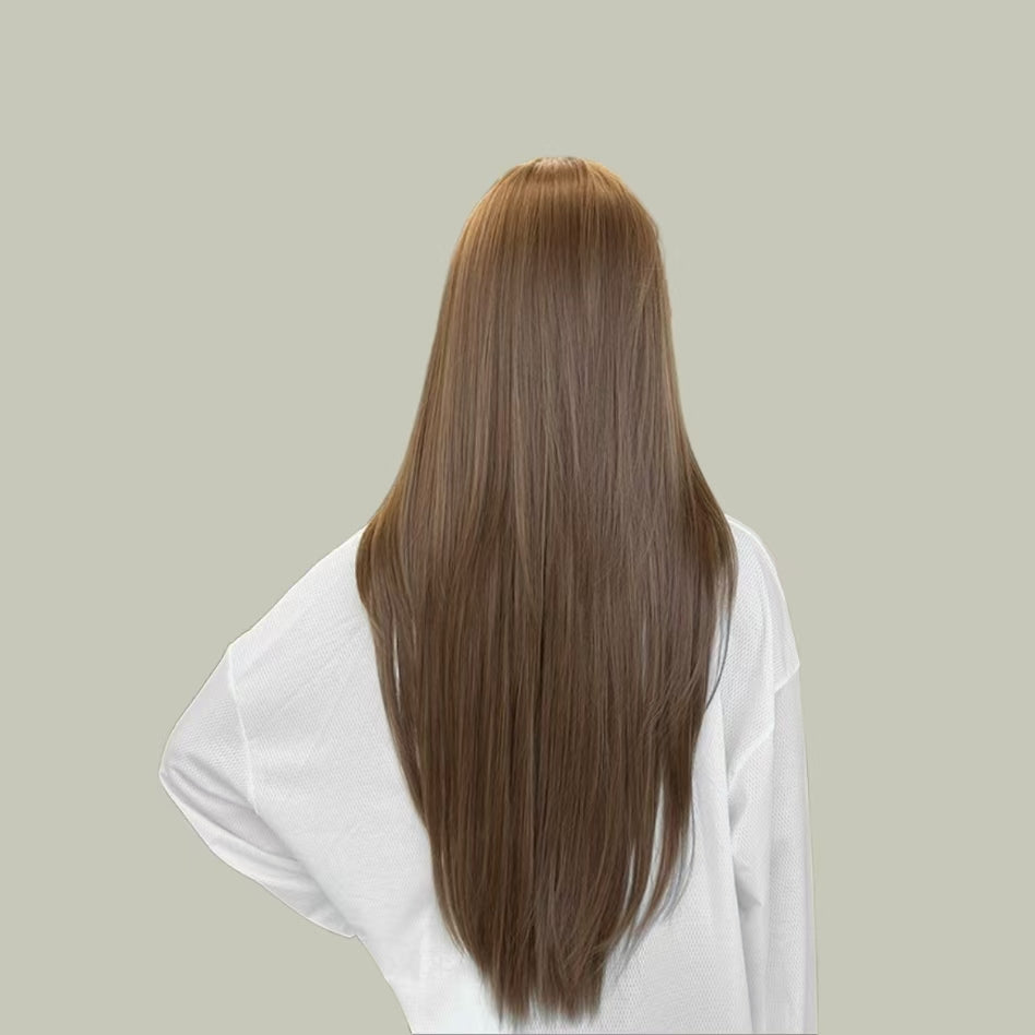 ELSA【V-004-C0461-3】 Caramel Warm Brown High-Layered Long Straight Hair Convertible Bangs 85CM High-temperature Fiber Korean Style Wig for Women Daily & Elegant