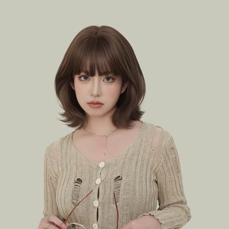 AMARA 【V-001-D-171】Brown Short Hair with Turned-Out Ends Convertible Bangs 35CM High-Temperature Matte Fiber Fashion Wig for Women Daily & Casual