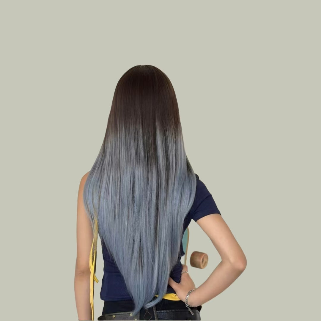 IVY【V-008-C-0493】Gradient Denim Blue Center-Parted Long Straight Hair 75CM High-temperature Fiber Celebrity Fashion Wig for Women Daily & Stylish