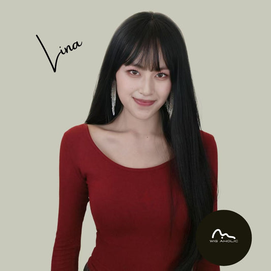 LINA【V-012-002】Black Long Straight Hair Straight Bangs Fully Hand-Woven High-temperature Fiber Wig for Women Daily & Elegant