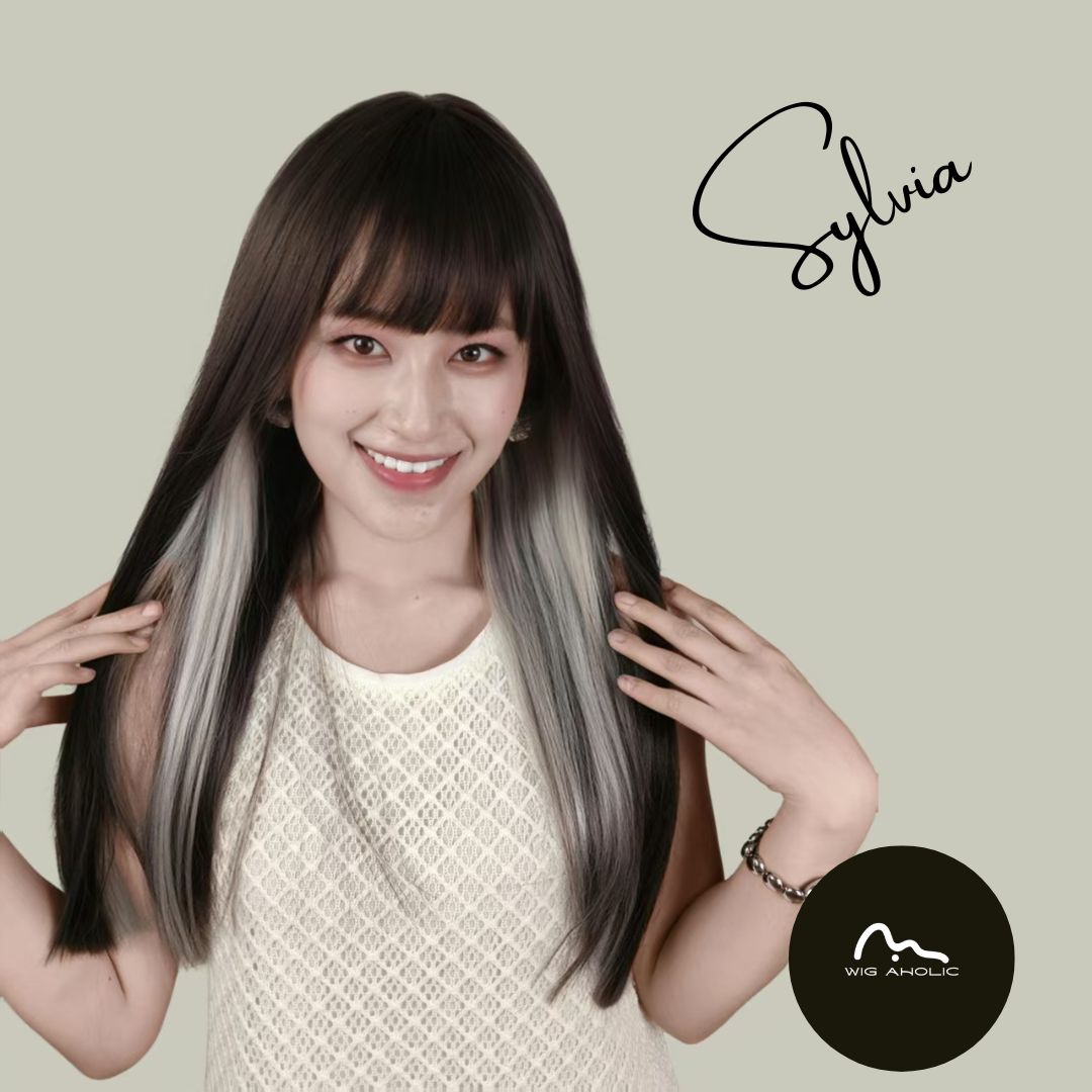 SYLVIA【V-013-A09】Dark Tea Brown with White Tea Gray Highlights Layered Long Curly Hair Convertible Bangs 65CM High-temperature Fiber Sweet and Cute Wig for Women Daily & Lovely