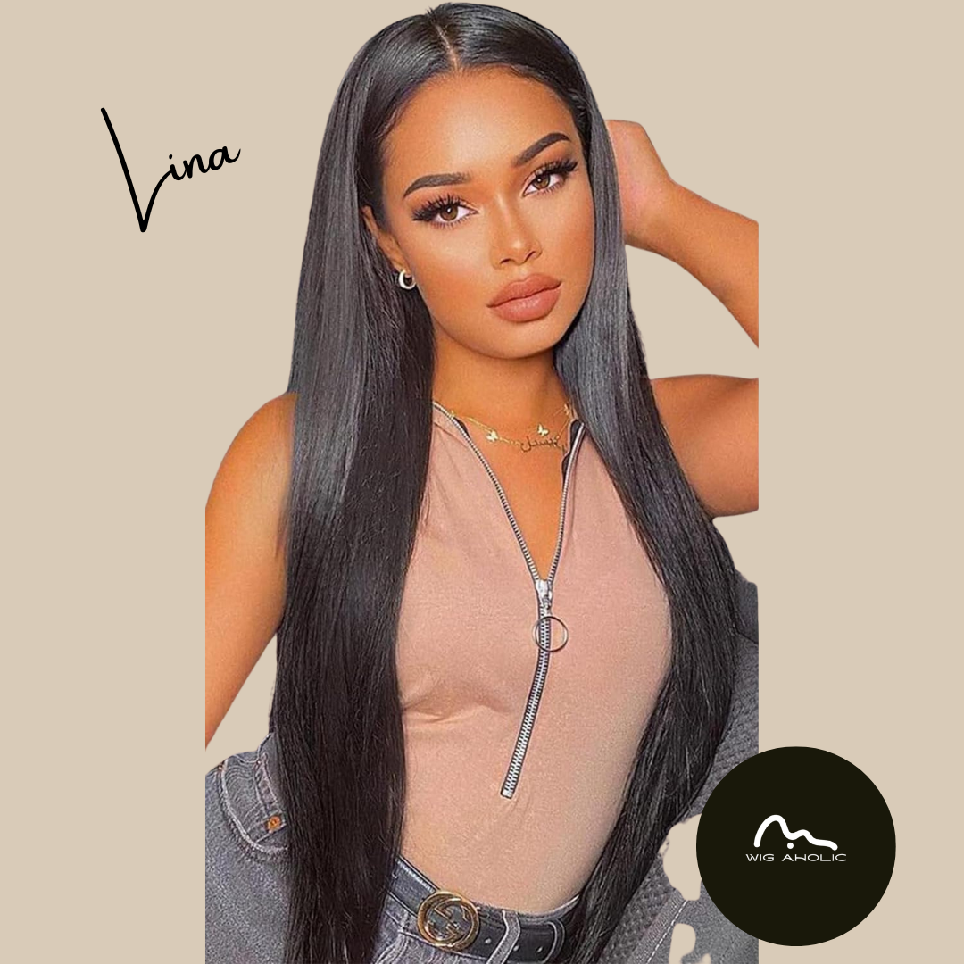 LINA【WA-JLSM9883】 28 inches Lace Front T-Part Jet Black Bone Straight Wig for Women Synthetic Daily or  Party