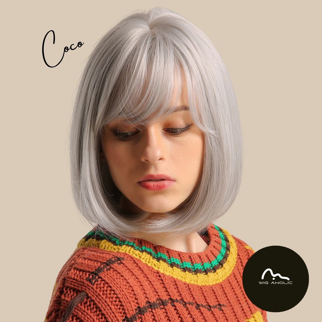 COCO【WA-SS180-2】12inches Short Straight Bob Wigs for Women Synthetic Wig Silver with Bangs for Cosplay Daily Party