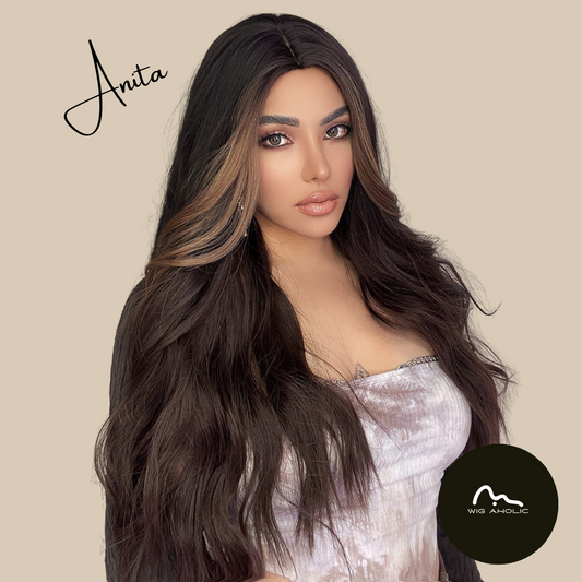 ANITA【WA-SM9345】28inches Blonde Brown Wigs for Women  Body Wave Synthetic Wigs with Middle Part  Heat Resistant Hair Wigs for Daily Party Use