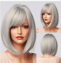 COCO【WA-SS180-2】12inches Short Straight Bob Wigs for Women Synthetic Wig Silver with Bangs for Cosplay Daily Party