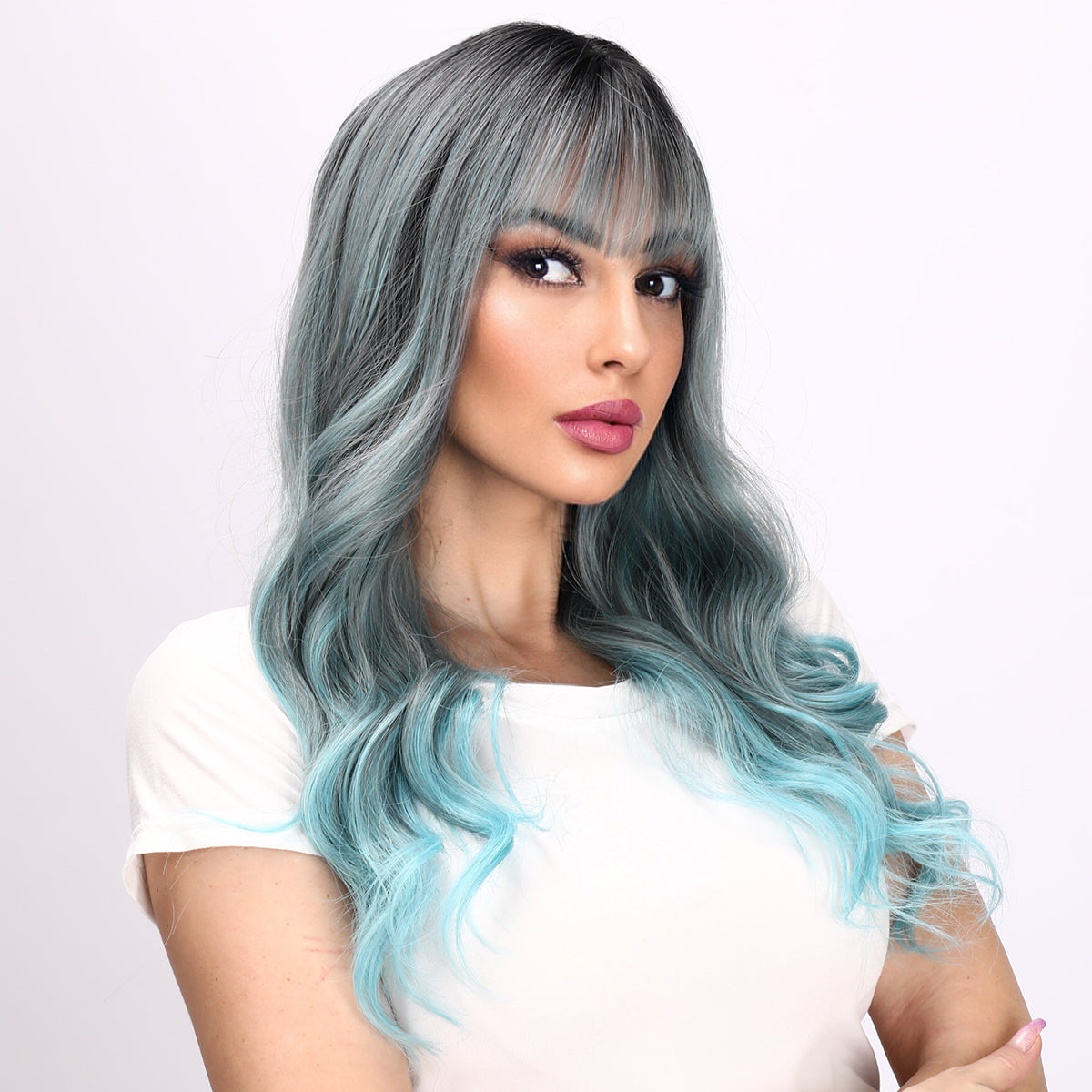 Pamela【WA-JLSM6162】 Hot Sale Gray Blue Gradient Wavy Wig 26 inch Synthetic Trending for Women Daily or Party