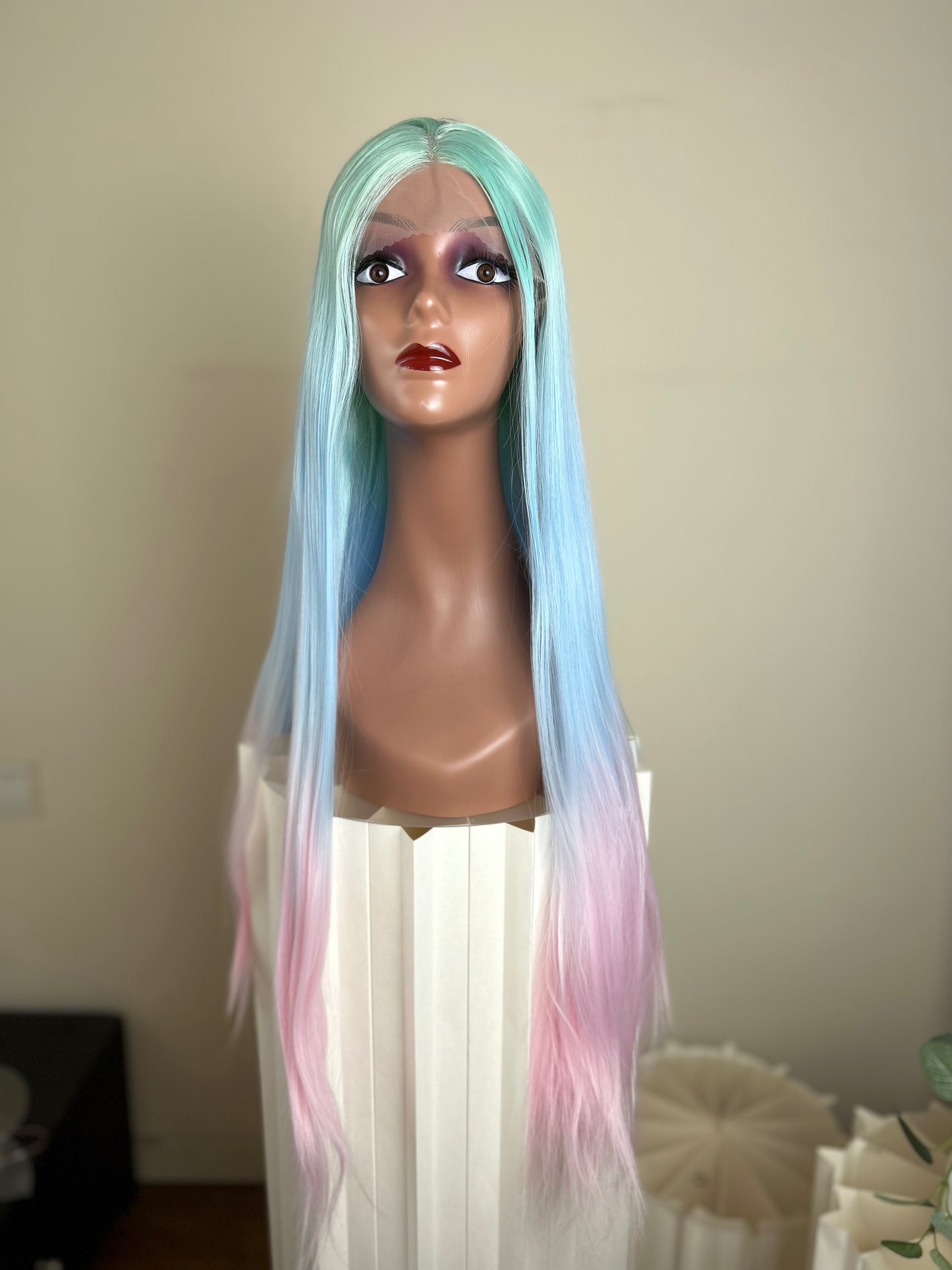 JADE【WA-YHCXZYM7-1001】30inches Frontal Lace Ombre Green Blue Pink Highlight Wig  Straight Synthetic Heat-resistance Daily or Party