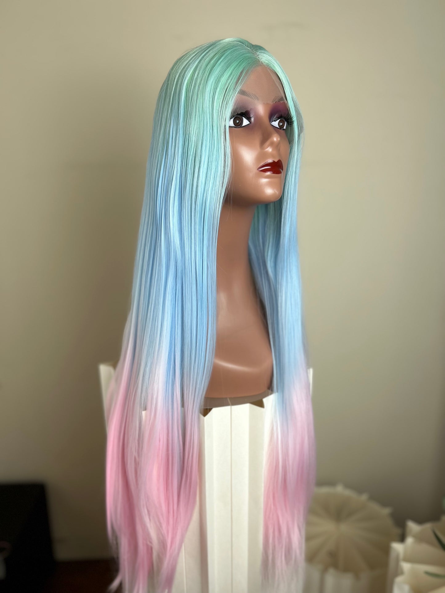 JADE【WA-YHCXZYM7-1001】30inches Frontal Lace Ombre Green Blue Pink Highlight Wig  Straight Synthetic Heat-resistance Daily or Party